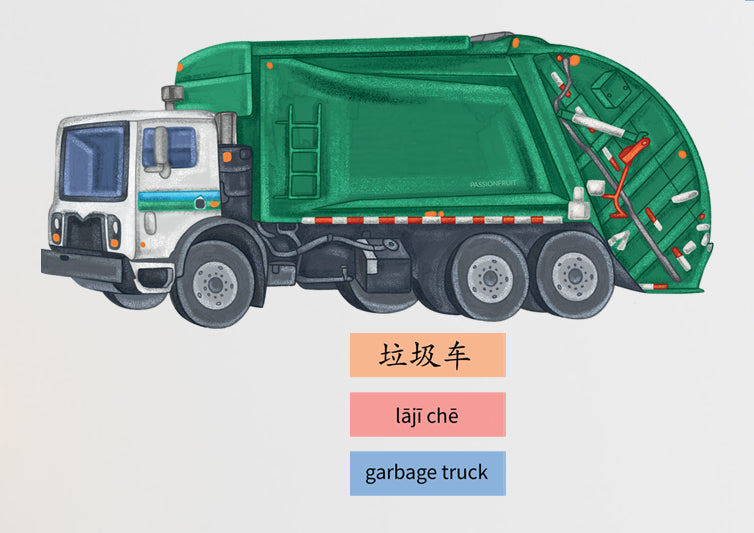 Passionfruit Kids Bilingual Wall Decals - Chinese (City Vehicles) - Garbage Truck